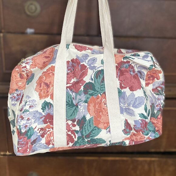VINTAGE 1980s Canvas Cotton Hyper Floral Large Overnighter Duffel Bag tote - Picture 2 of 4